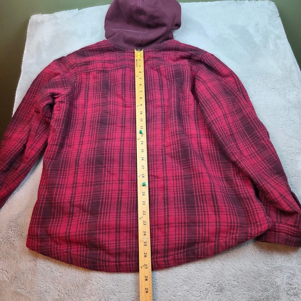 LL Bean Sherpa Lined‎ Flannel Hoodie Mens Large Red Burgundy Plaid Zip Jacket